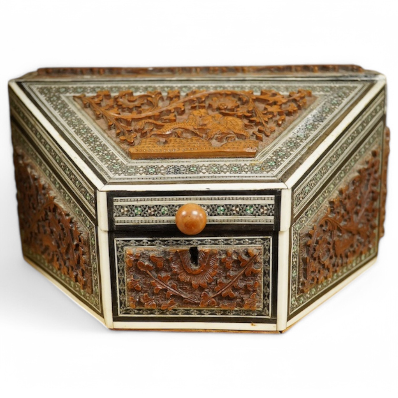 An Anglo-Indian Vizagapatam sandalwood and bone stationery box of tapered form, 23cm wide. Condition - good, base cracked